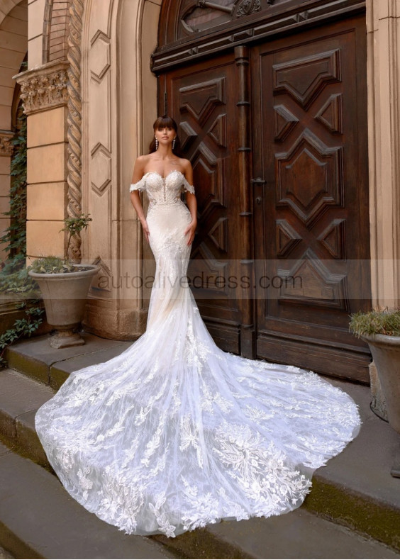 Off Shoulder Lace Tulle Sheer Back Sexy Wedding Dress Off Shoulder Lace Tulle Sheer Back Sexy Wedding Dress